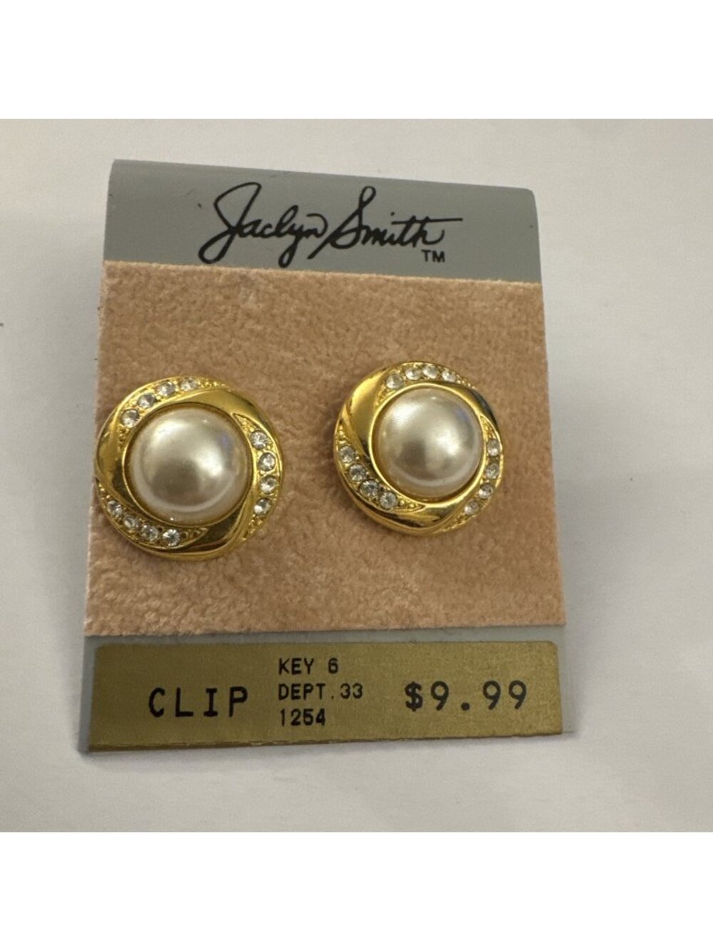 1980's Earrings Faux Pearl Rhinestone Gold Tone Clip Jaclyn Smith New BB32